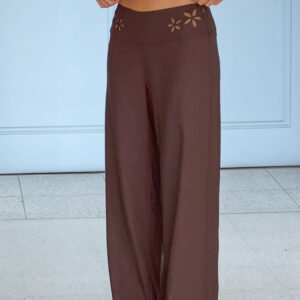 Brown Floral Detail Wide Leg Pants