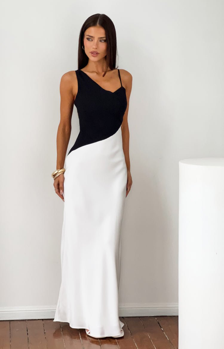 Black Satin Cowl Front Formal Maxi Dress