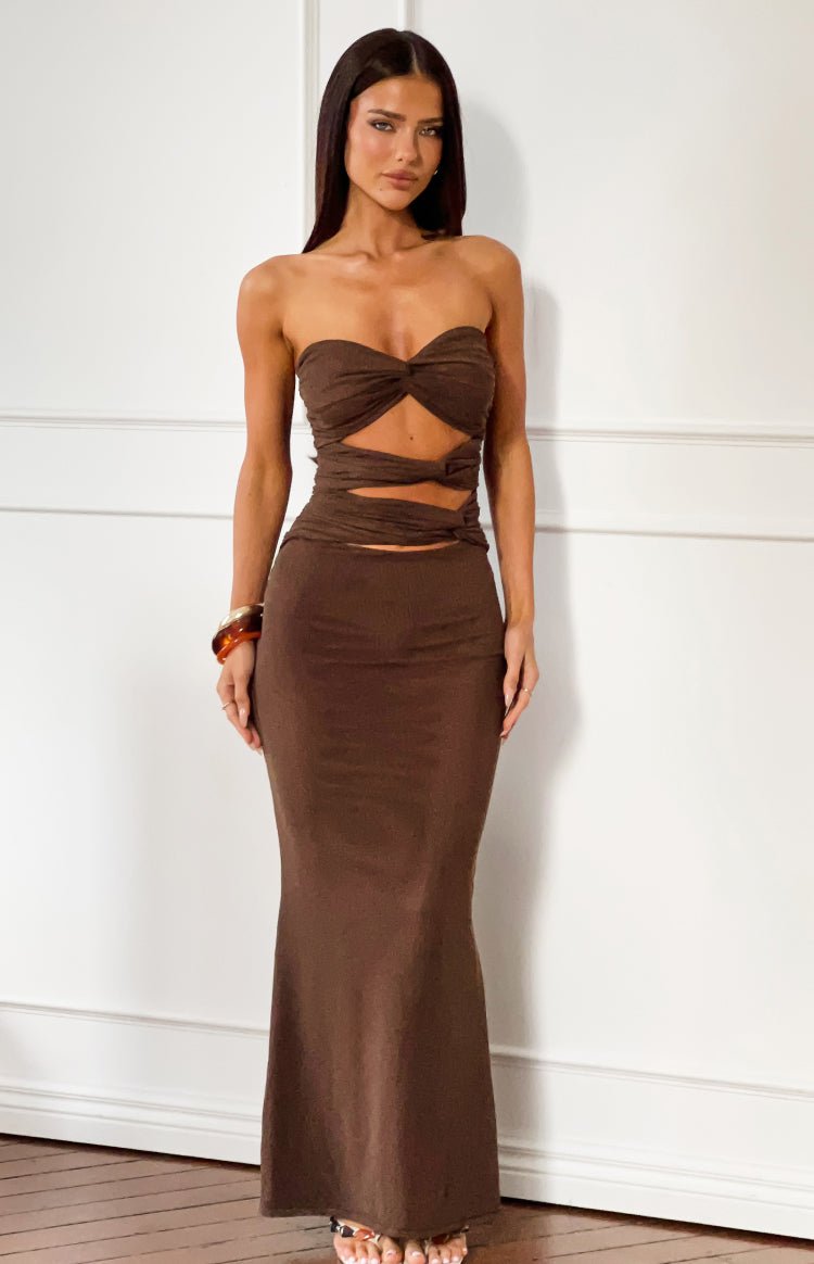 Chocolate Brown Strapless Cutout Maxi Dress