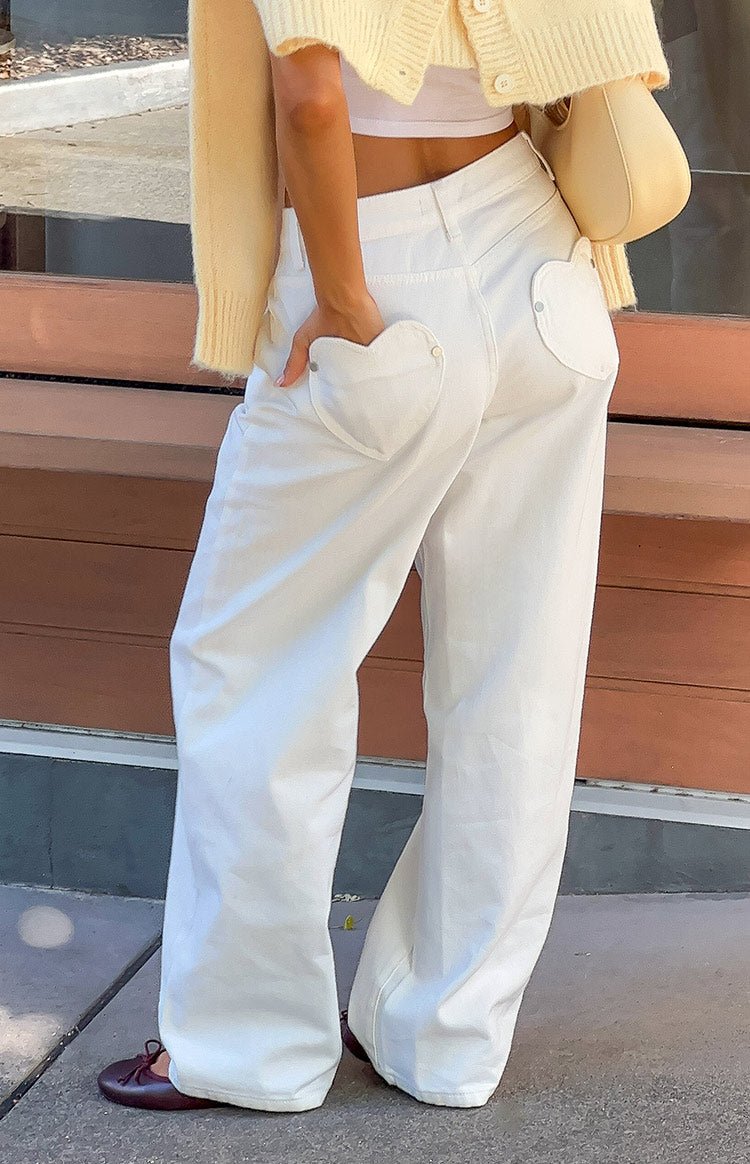 White Denim Heart Pocket Slouchy Jeans