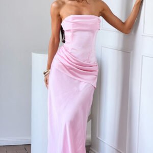 Pink Satin Strapless Maxi Dress