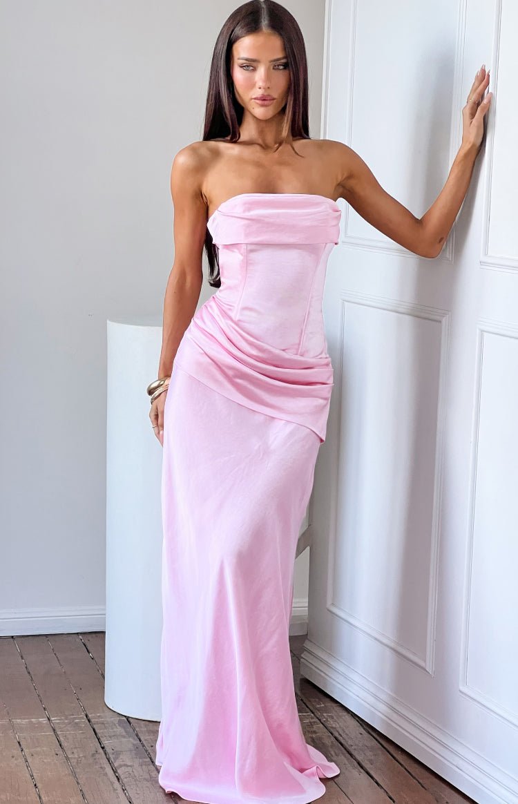 Pink Satin Strapless Maxi Dress